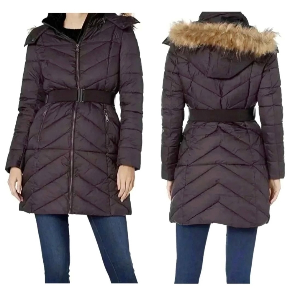 Nanette Lepore | Belted Chevron Quilted Puffer Coat with Faux Fur Trim Hood | 3X